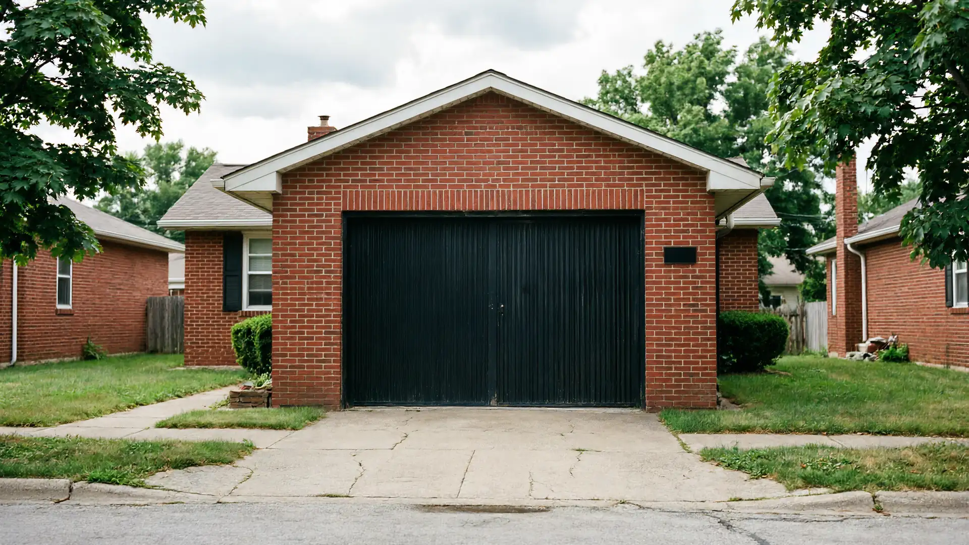 A red brick house has a black garage door and a cracked concrete driveway.