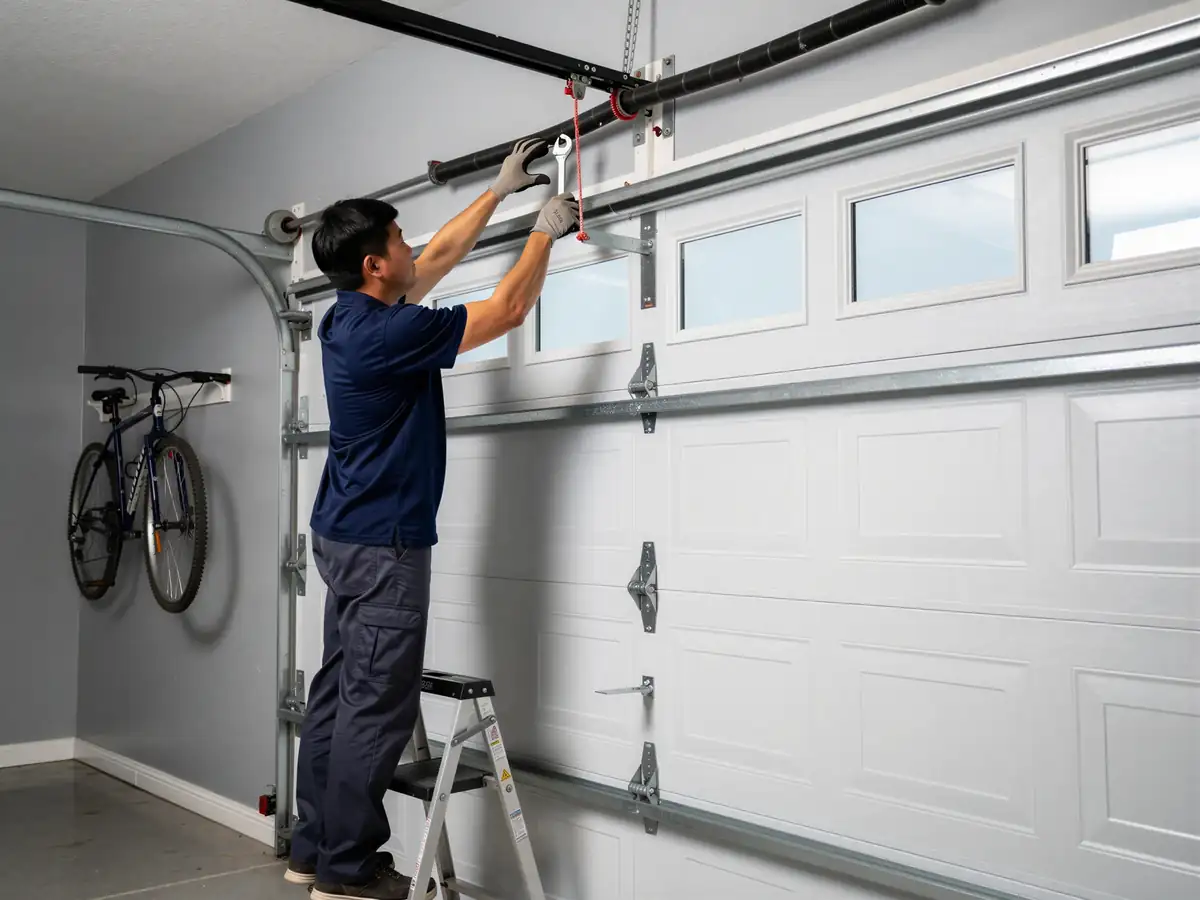 A technician on a ladder adjusts the torsion spring above a white garage door.