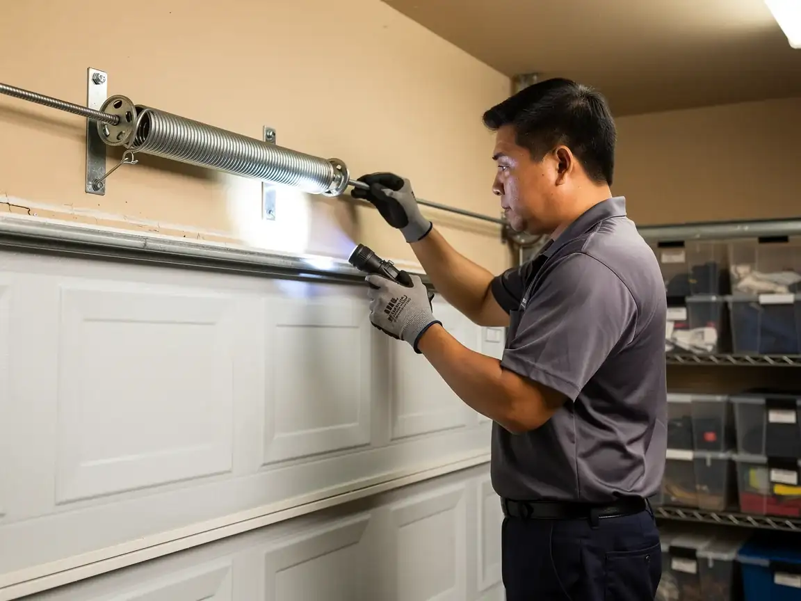 A technician inspects a garage door torsion spring with a flashlight.