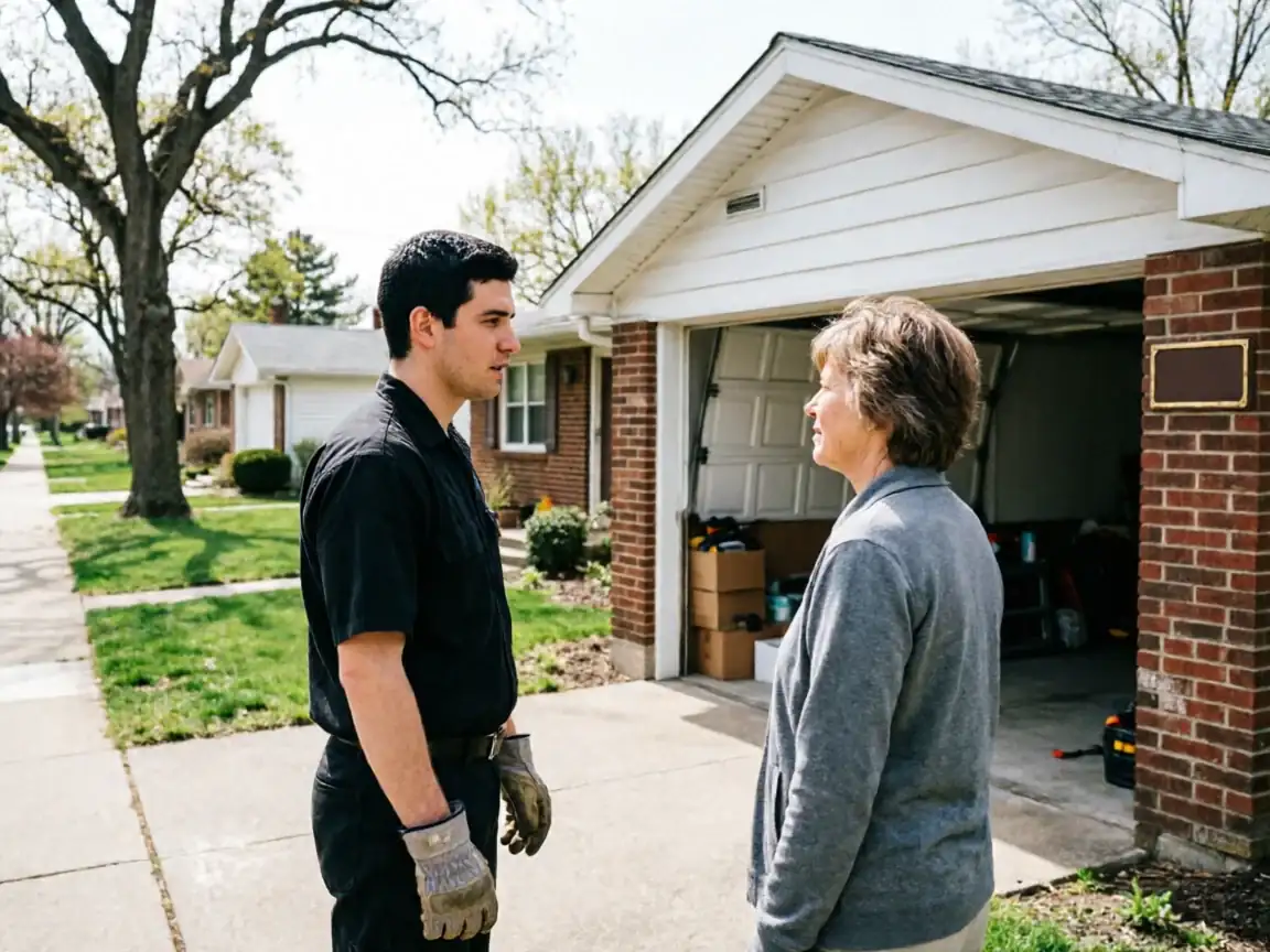 A technician in a black shirt talks to a woman in front of a garage.
