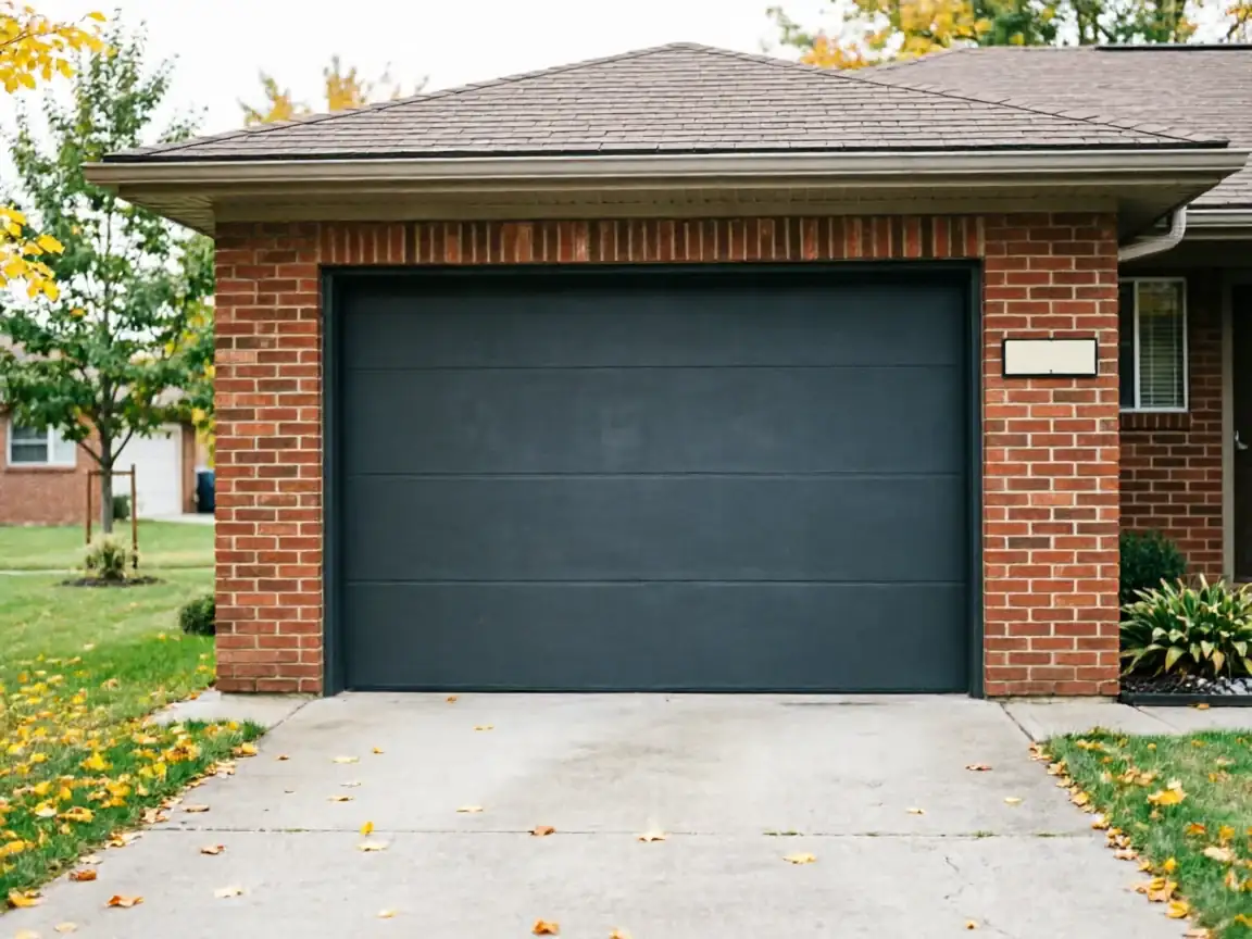 A dark gray garage door on a brick house with a concrete driveway.